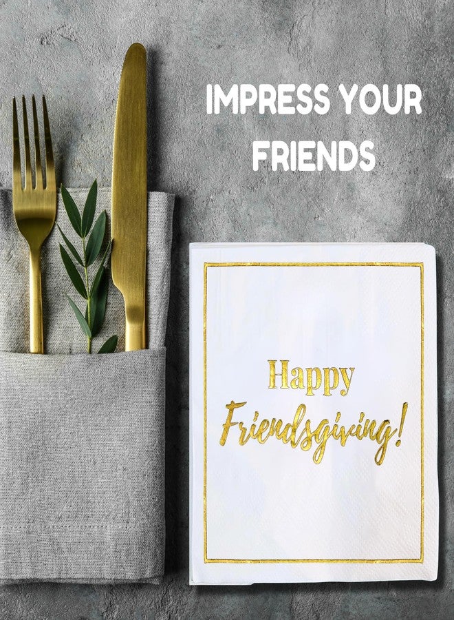 Cloverjoyed Happy Friendsgiving Cocktail Napkins, 50 Pack, White and Gold Thanksgiving Party Decorations, Great for Dinners, Beverages, Dessert, Appetizers - Image 3